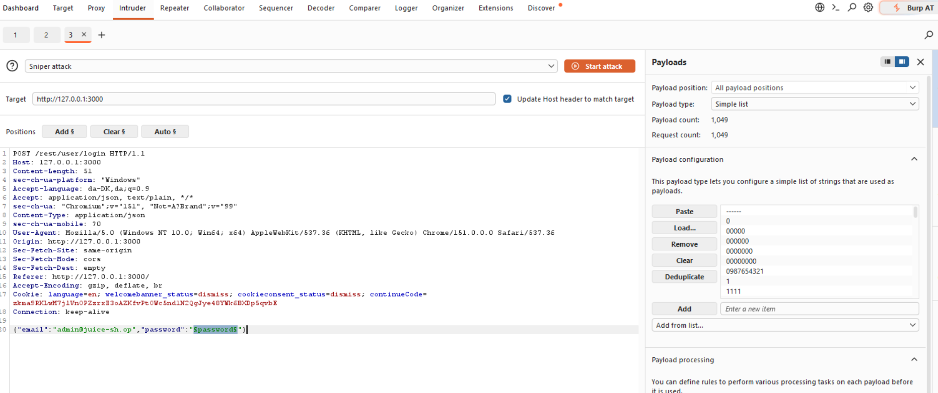 burpsuite sniperattack juiceshop